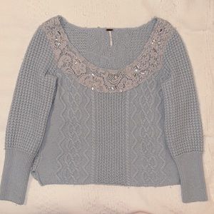 Free People Light Blue Aurora Embellished Lace Crochet Cable Knit Sweater